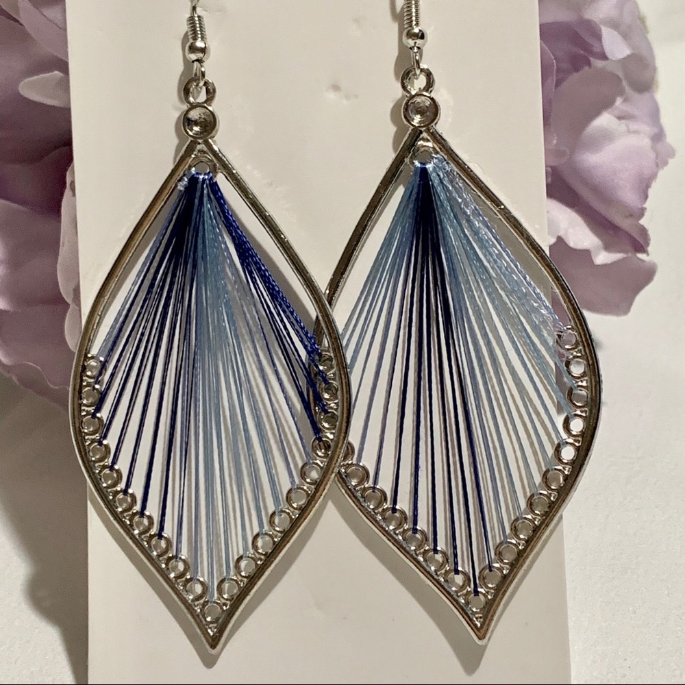 Boho Chic Thread Strung Blue Tone Leaf Earrings - Picture 2 of 6